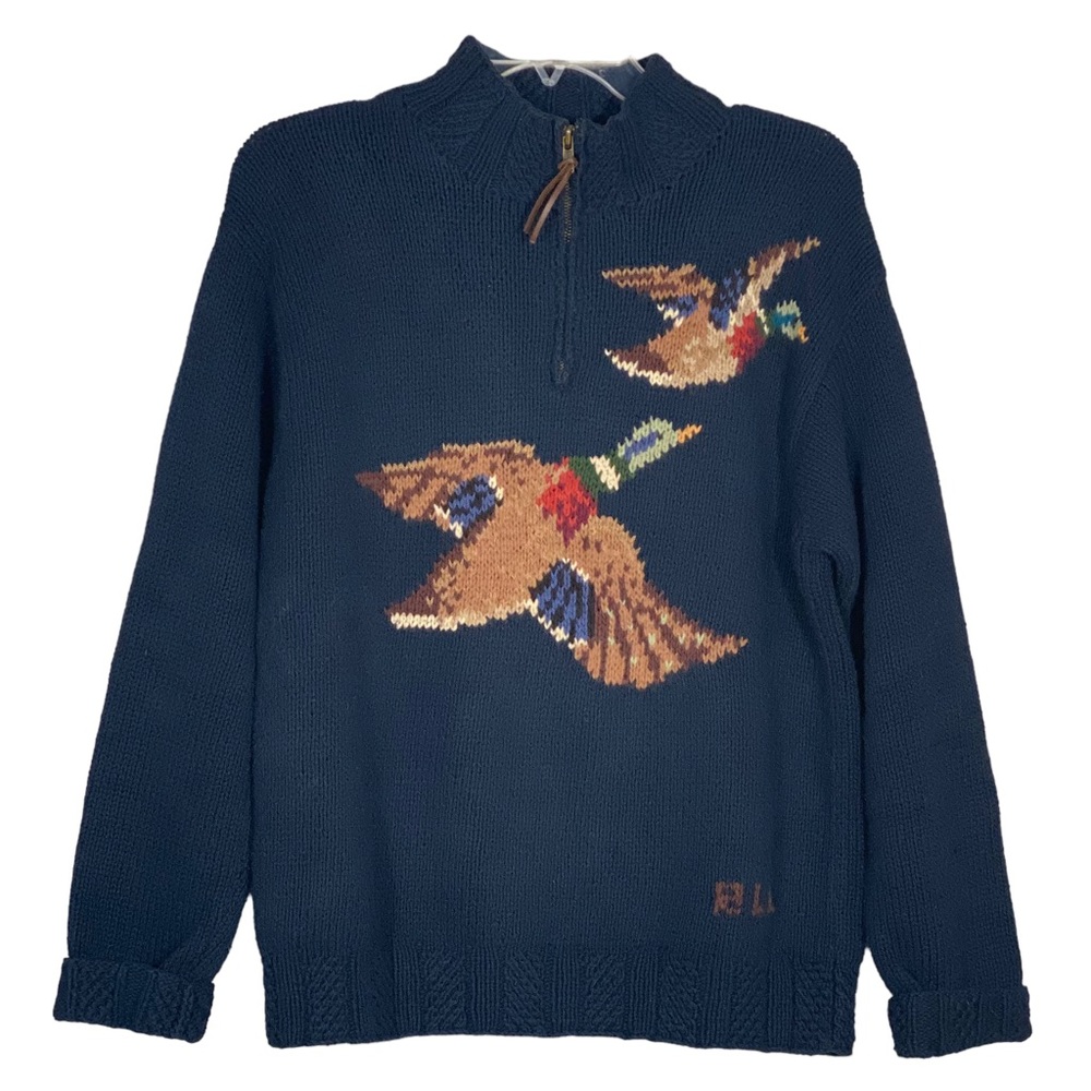 Lauren Ralph Lauren Sweater 100% Cotton Hand Knit Flying Ducks Vintage Petite S